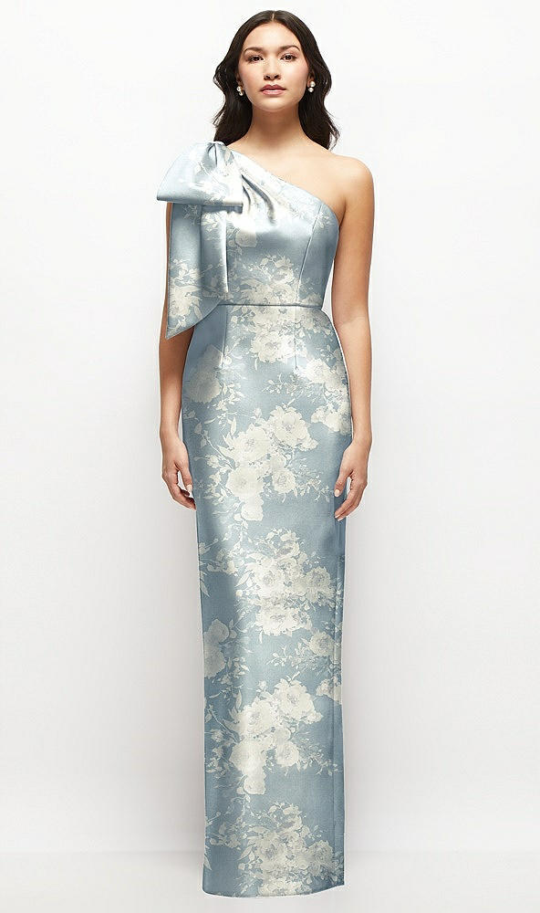Front View - Porcelain Blue Seraphina Floral Oversized Bow One-Shoulder Floral Satin Column Maxi Dress