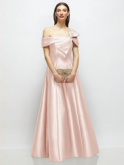 Asymmetrical Bow Off-Shoulder Satin Gown with Ballroom Skirt