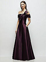 Side View Thumbnail - Deep Plum Asymmetrical Bow Off-Shoulder Satin Gown with Ballroom Skirt
