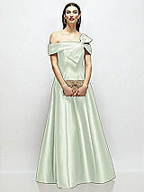 Front View Thumbnail - Mint Green Asymmetrical Bow Off-Shoulder Satin Gown with Ballroom Skirt