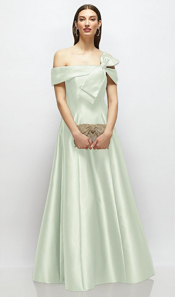 Front View - Mint Green Asymmetrical Bow Off-Shoulder Satin Gown with Ballroom Skirt