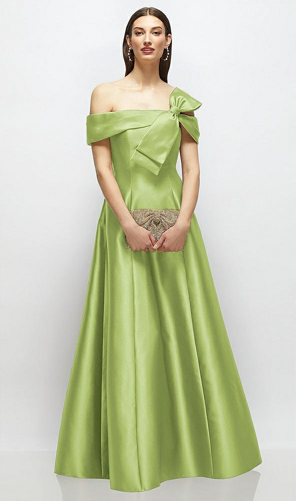 Front View - Mojito Asymmetrical Bow Off-Shoulder Satin Gown with Ballroom Skirt