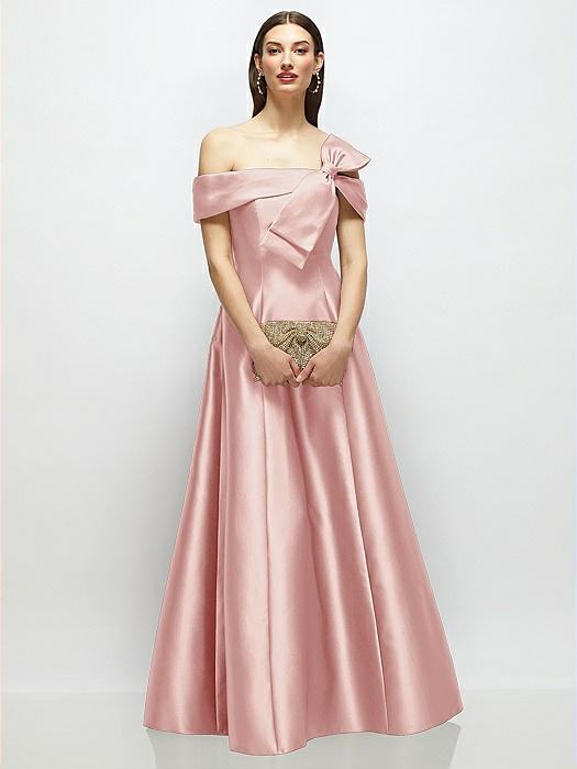 Asymmetrical Bow Off-Shoulder Satin Gown with Ballroom Skirt