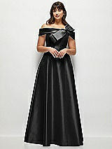 Alt View 1 Thumbnail - Black Asymmetrical Bow Off-Shoulder Satin Gown with Ballroom Skirt