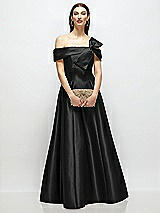 Front View Thumbnail - Black Asymmetrical Bow Off-Shoulder Satin Gown with Ballroom Skirt