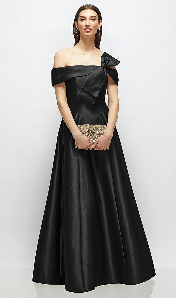 Front View - Black Asymmetrical Bow Off-Shoulder Satin Gown with Ballroom Skirt