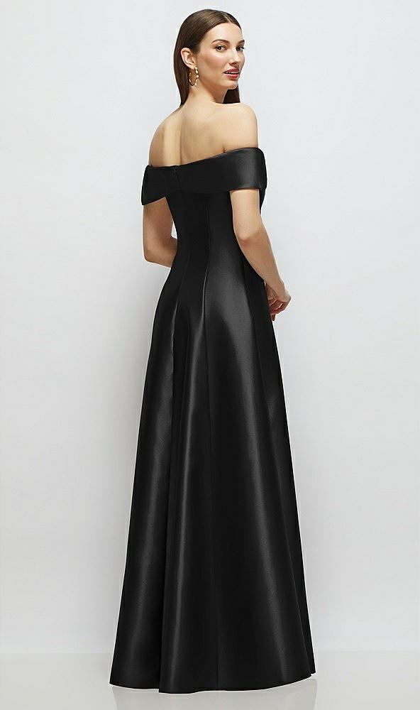 Back View - Black Asymmetrical Bow Off-Shoulder Satin Gown with Ballroom Skirt