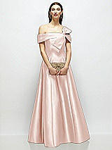Front View Thumbnail - Blush Asymmetrical Bow Off-Shoulder Satin Gown with Ballroom Skirt