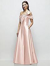 Side View Thumbnail - Blush Asymmetrical Bow Off-Shoulder Satin Gown with Ballroom Skirt