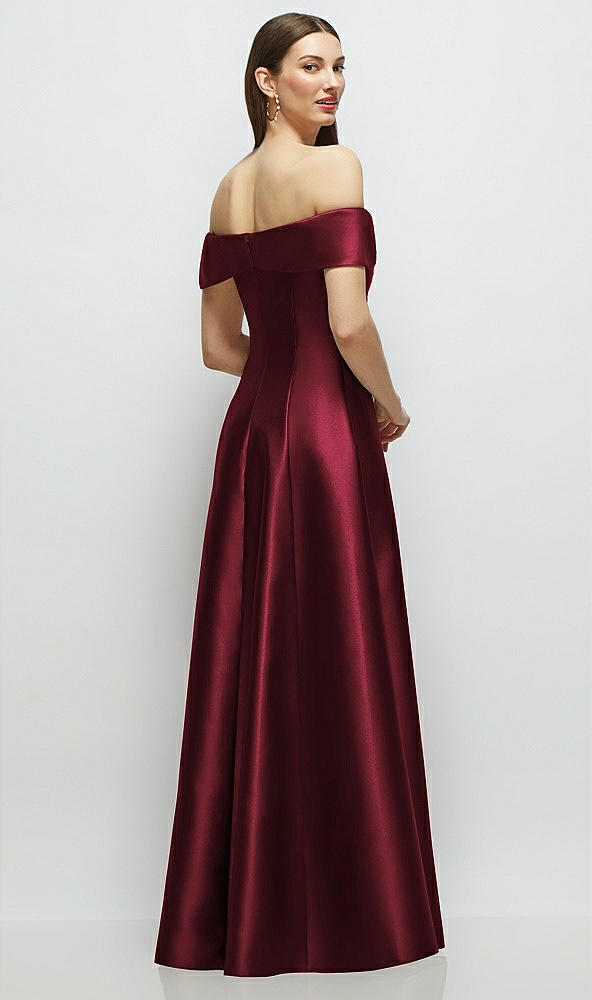 Back View - Cabernet Asymmetrical Bow Off-Shoulder Satin Gown with Ballroom Skirt