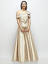 Front View Thumbnail - Champagne Asymmetrical Bow Off-Shoulder Satin Gown with Ballroom Skirt