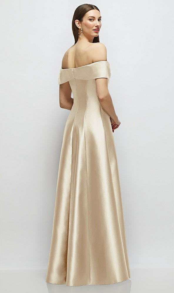 Back View - Champagne Asymmetrical Bow Off-Shoulder Satin Gown with Ballroom Skirt
