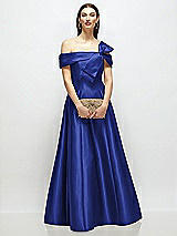 Front View Thumbnail - Cobalt Blue Asymmetrical Bow Off-Shoulder Satin Gown with Ballroom Skirt