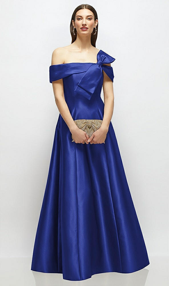 Front View - Cobalt Blue Asymmetrical Bow Off-Shoulder Satin Gown with Ballroom Skirt