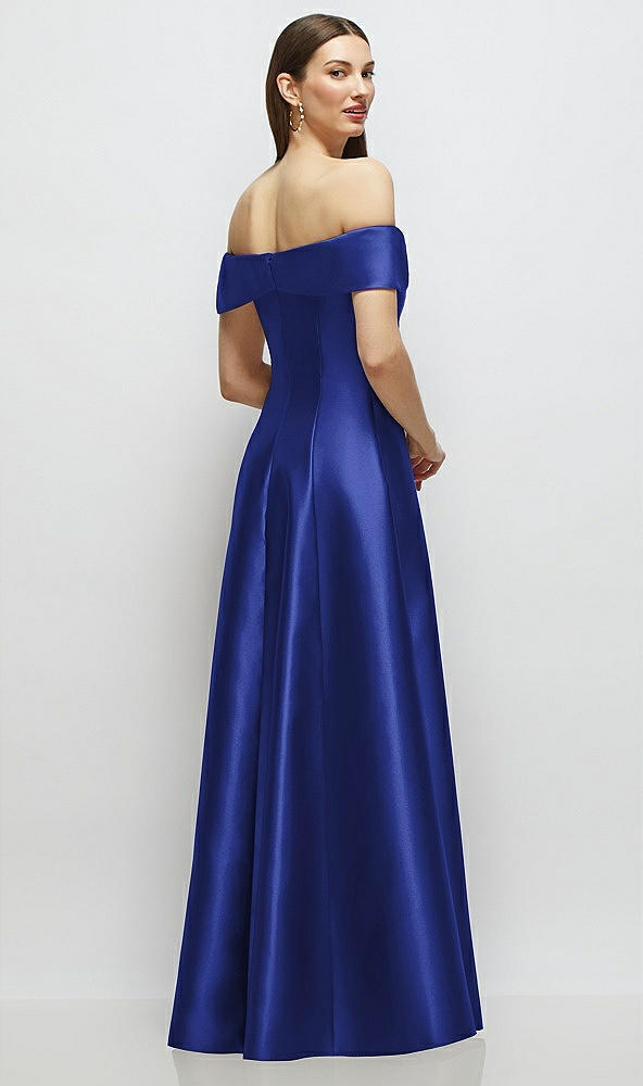 Back View - Cobalt Blue Asymmetrical Bow Off-Shoulder Satin Gown with Ballroom Skirt