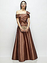 Front View Thumbnail - Cognac Asymmetrical Bow Off-Shoulder Satin Gown with Ballroom Skirt
