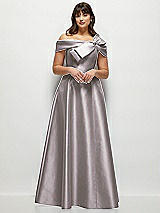 Alt View 1 Thumbnail - Cashmere Gray Asymmetrical Bow Off-Shoulder Satin Gown with Ballroom Skirt