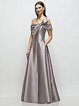 Side View Thumbnail - Cashmere Gray Asymmetrical Bow Off-Shoulder Satin Gown with Ballroom Skirt