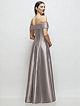 Rear View Thumbnail - Cashmere Gray Asymmetrical Bow Off-Shoulder Satin Gown with Ballroom Skirt