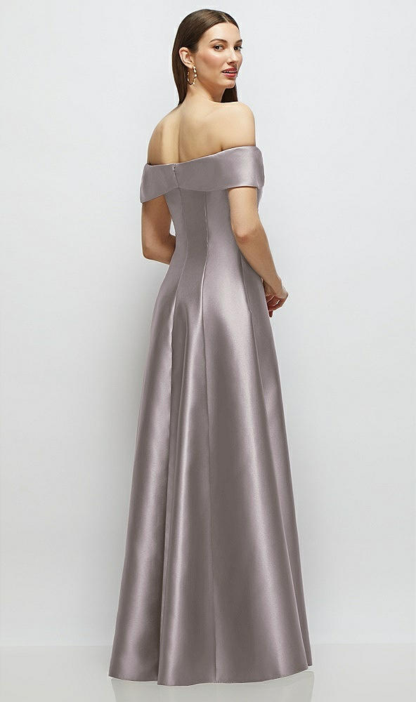 Back View - Cashmere Gray Asymmetrical Bow Off-Shoulder Satin Gown with Ballroom Skirt