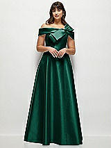 Alt View 1 Thumbnail - Hunter Green Asymmetrical Bow Off-Shoulder Satin Gown with Ballroom Skirt