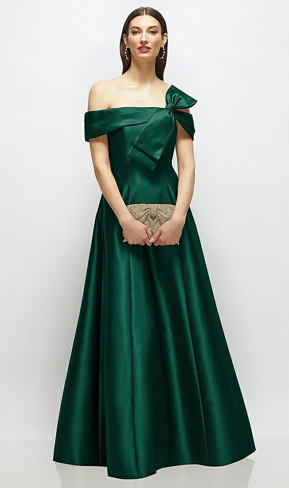 Front View - Hunter Green Asymmetrical Bow Off-Shoulder Satin Gown with Ballroom Skirt