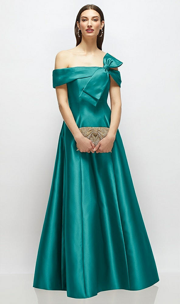Front View - Jade Asymmetrical Bow Off-Shoulder Satin Gown with Ballroom Skirt