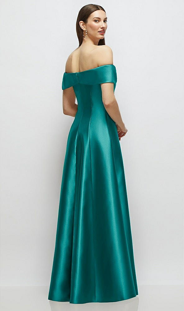 Back View - Jade Asymmetrical Bow Off-Shoulder Satin Gown with Ballroom Skirt