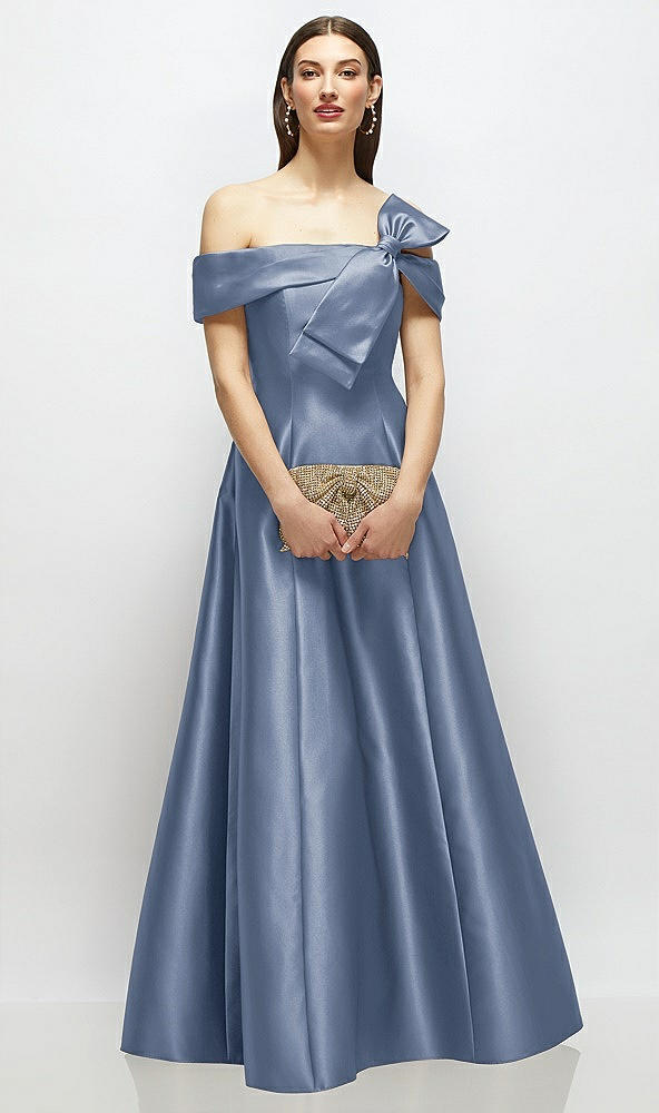 Front View - Larkspur Blue Asymmetrical Bow Off-Shoulder Satin Gown with Ballroom Skirt