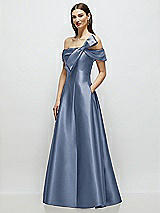 Side View Thumbnail - Larkspur Blue Asymmetrical Bow Off-Shoulder Satin Gown with Ballroom Skirt