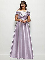 Alt View 1 Thumbnail - Lilac Haze Asymmetrical Bow Off-Shoulder Satin Gown with Ballroom Skirt