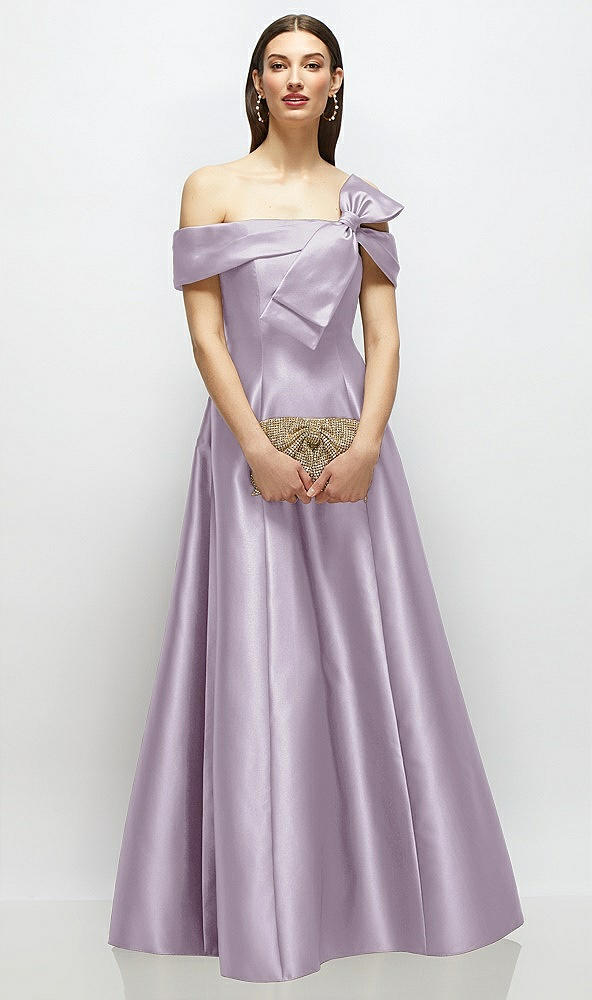 Front View - Lilac Haze Asymmetrical Bow Off-Shoulder Satin Gown with Ballroom Skirt