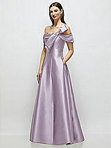 Side View Thumbnail - Lilac Haze Asymmetrical Bow Off-Shoulder Satin Gown with Ballroom Skirt