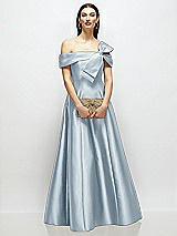 Front View Thumbnail - Mist Asymmetrical Bow Off-Shoulder Satin Gown with Ballroom Skirt