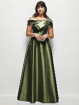 Alt View 1 Thumbnail - Olive Green Asymmetrical Bow Off-Shoulder Satin Gown with Ballroom Skirt