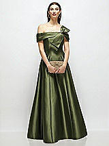 Front View Thumbnail - Olive Green Asymmetrical Bow Off-Shoulder Satin Gown with Ballroom Skirt