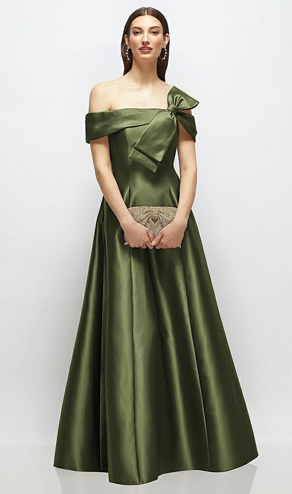 Front View - Olive Green Asymmetrical Bow Off-Shoulder Satin Gown with Ballroom Skirt