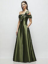 Side View Thumbnail - Olive Green Asymmetrical Bow Off-Shoulder Satin Gown with Ballroom Skirt