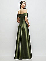 Rear View Thumbnail - Olive Green Asymmetrical Bow Off-Shoulder Satin Gown with Ballroom Skirt