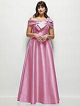 Alt View 1 Thumbnail - Powder Pink Asymmetrical Bow Off-Shoulder Satin Gown with Ballroom Skirt