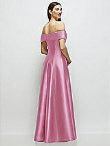 Rear View Thumbnail - Powder Pink Asymmetrical Bow Off-Shoulder Satin Gown with Ballroom Skirt