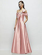 Side View Thumbnail - Rose Asymmetrical Bow Off-Shoulder Satin Gown with Ballroom Skirt