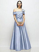 Front View Thumbnail - Sky Blue Asymmetrical Bow Off-Shoulder Satin Gown with Ballroom Skirt