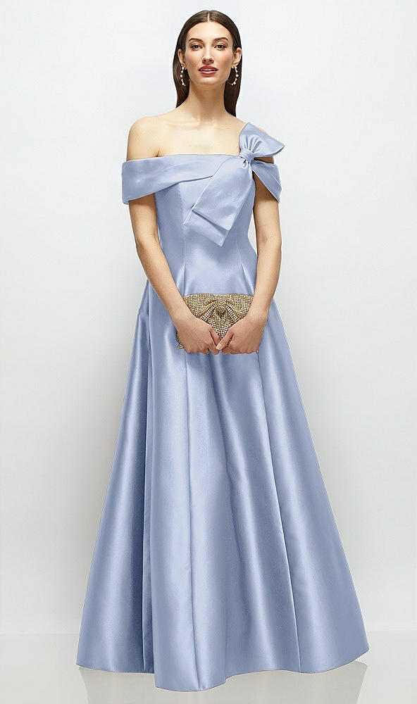 Front View - Sky Blue Asymmetrical Bow Off-Shoulder Satin Gown with Ballroom Skirt