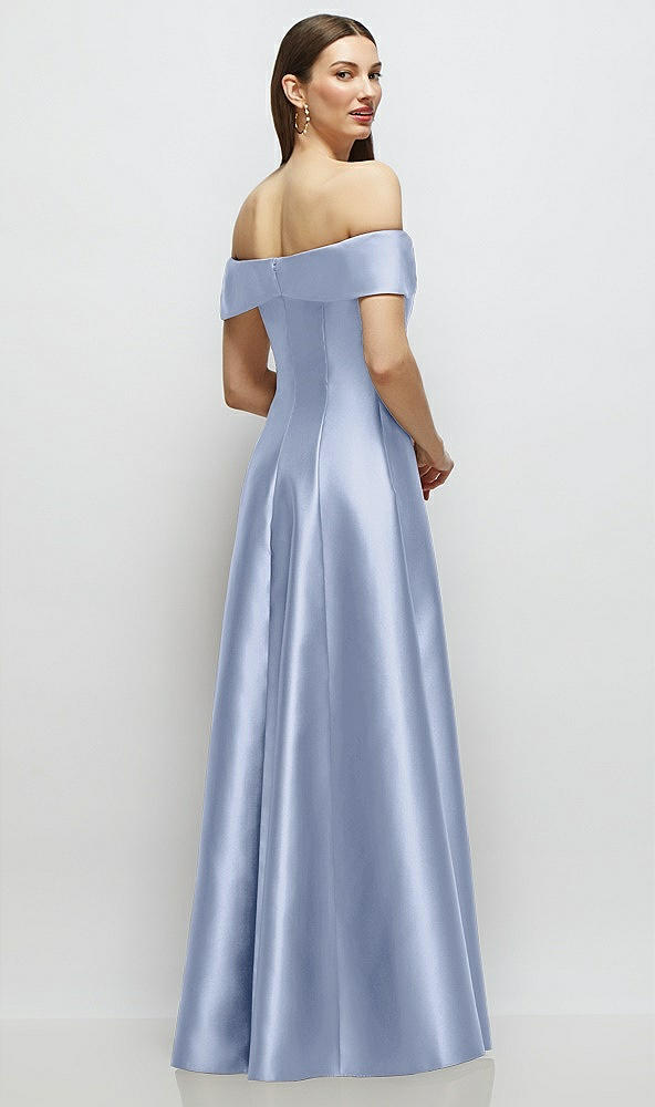 Back View - Sky Blue Asymmetrical Bow Off-Shoulder Satin Gown with Ballroom Skirt