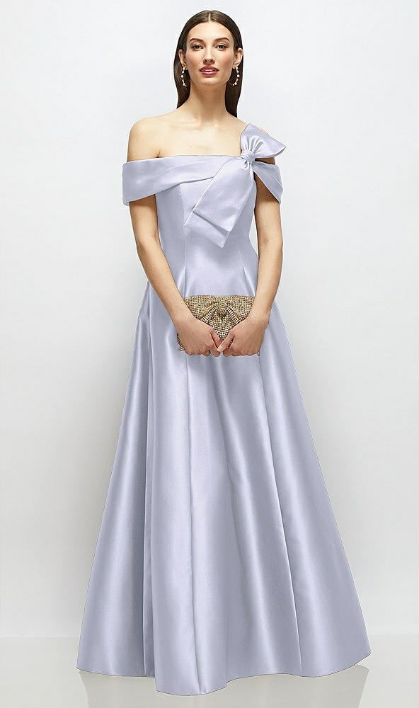 Front View - Silver Dove Asymmetrical Bow Off-Shoulder Satin Gown with Ballroom Skirt