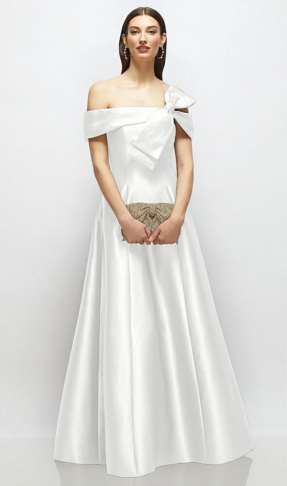 Front View - White Asymmetrical Bow Off-Shoulder Satin Gown with Ballroom Skirt