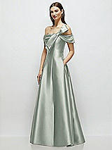 Side View Thumbnail - Willow Green Asymmetrical Bow Off-Shoulder Satin Gown with Ballroom Skirt