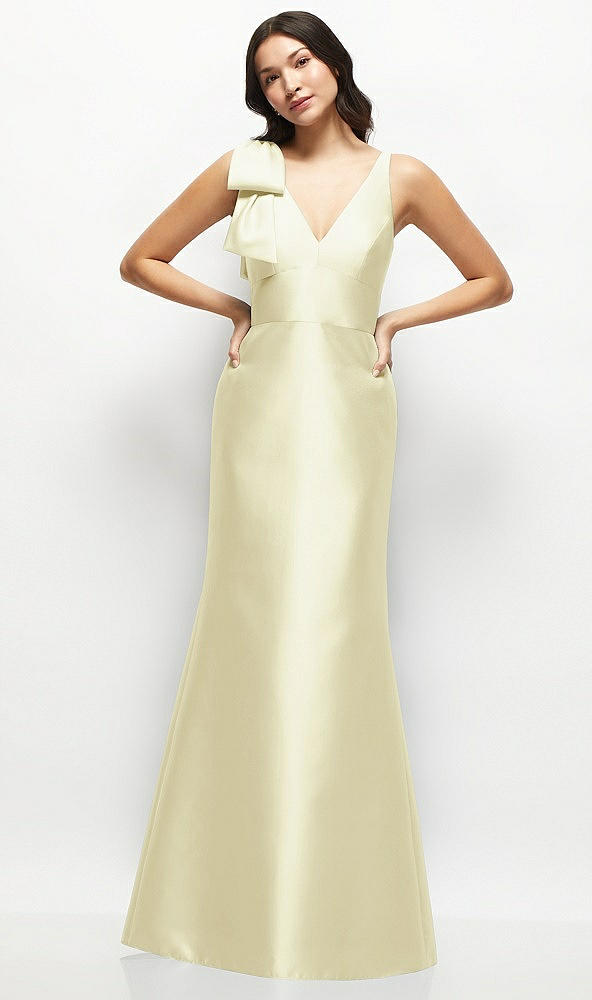 Front View - Butter Yellow Deep V-back Satin Trumpet Dress with Cascading Bow at One Shoulder