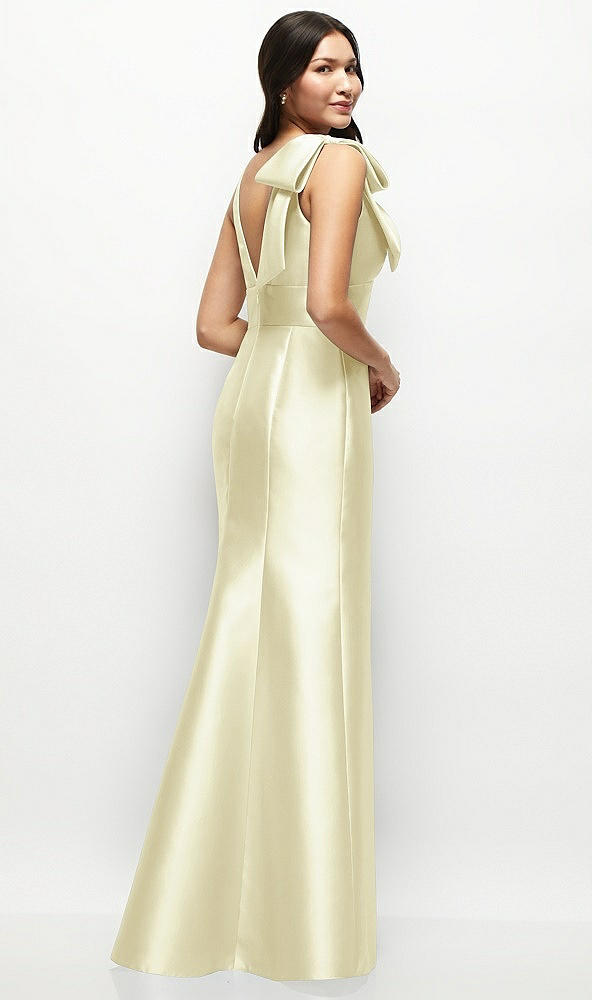 Back View - Butter Yellow Deep V-back Satin Trumpet Dress with Cascading Bow at One Shoulder